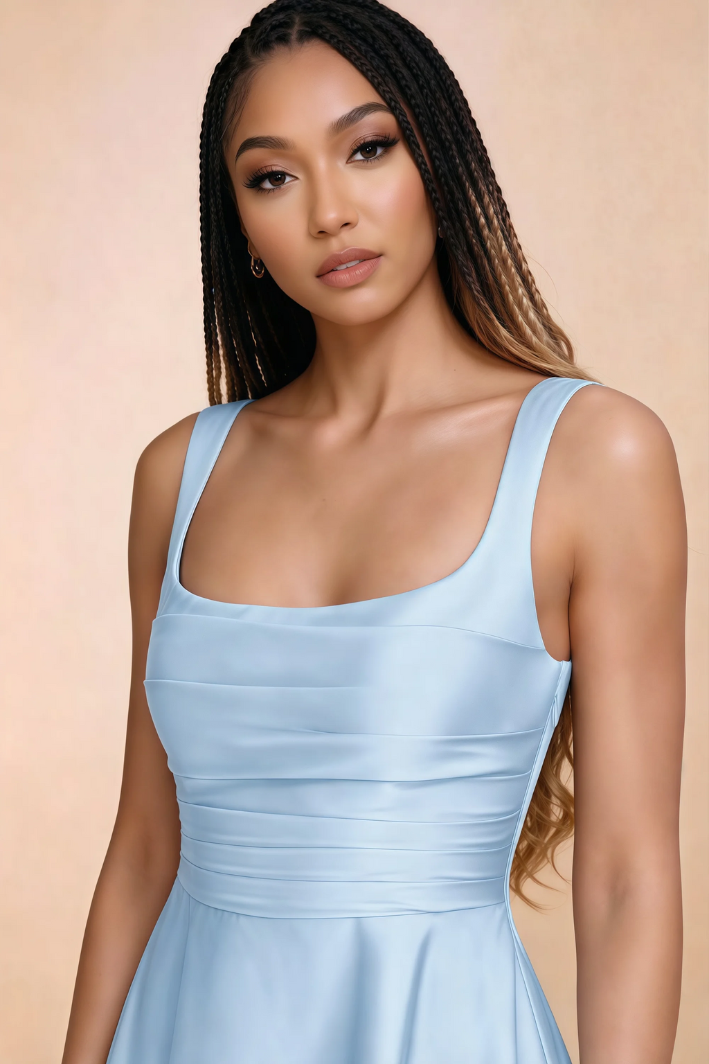 Close-up of Becky sky blue square neckline, shoulder straps and horizontal bodice pleats
