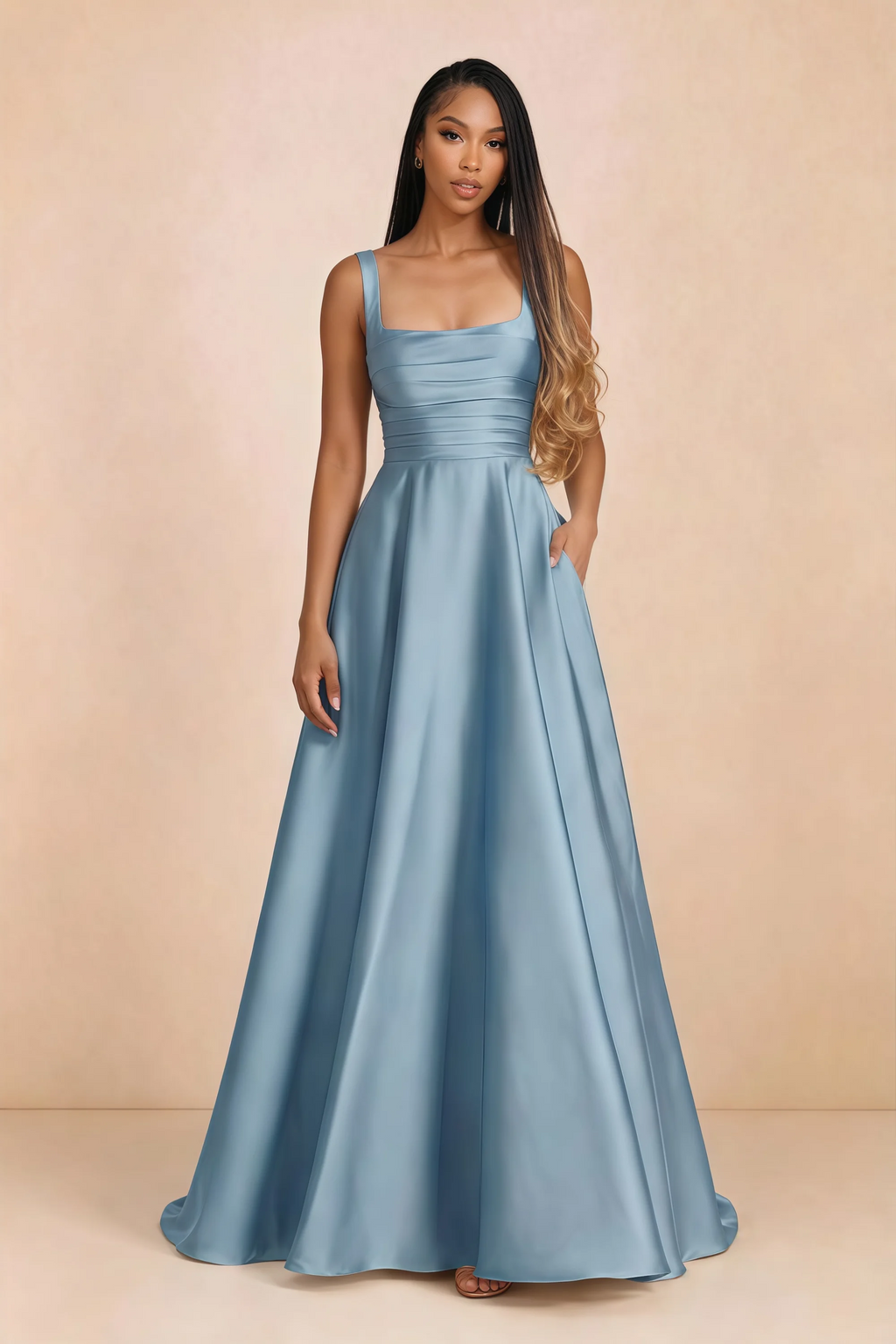 Front studio view of Becky steel blue satin maxi dress showing the square neckline, pleated bodice and full A-line skirt