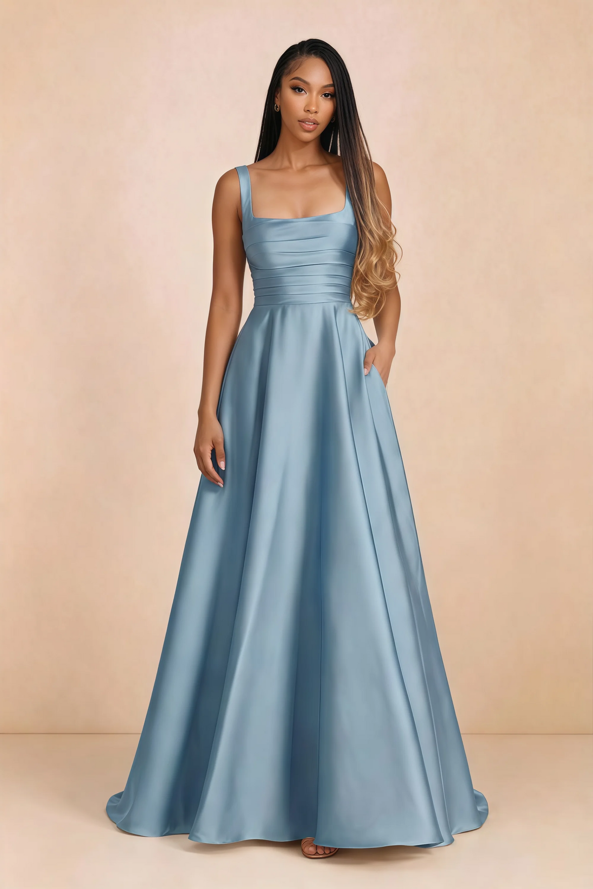 Front studio view of Becky steel blue satin maxi dress showing the square neckline, pleated bodice and full A-line skirt