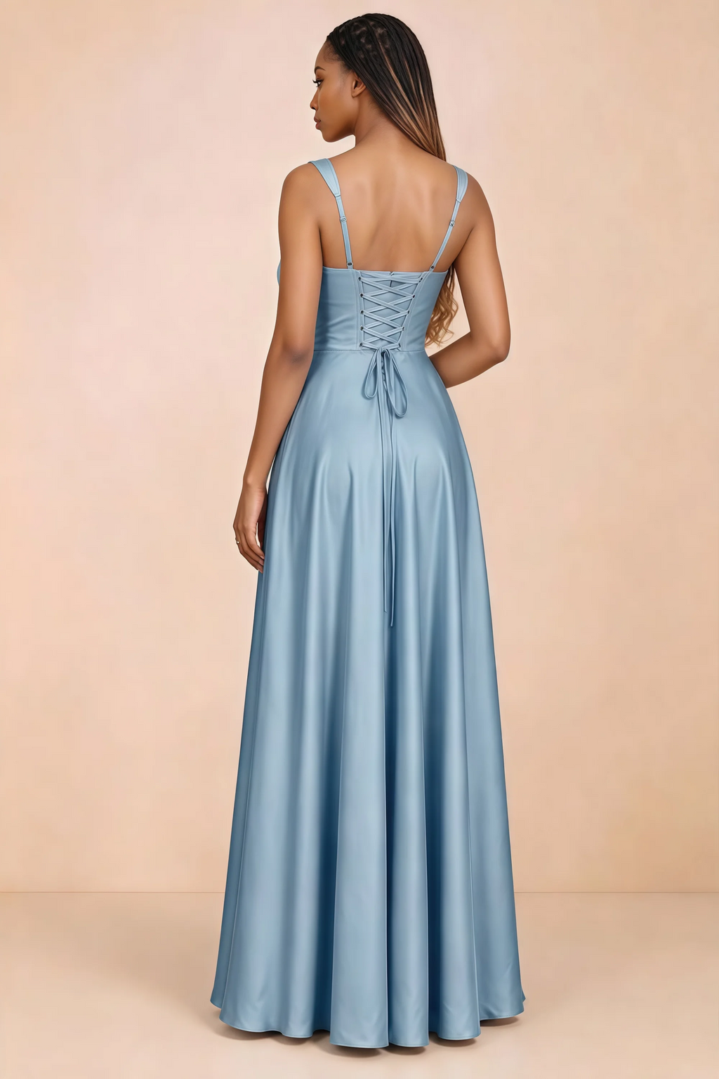 Back studio view of Becky steel blue satin maxi dress showing shoulder straps and waist-length lacing