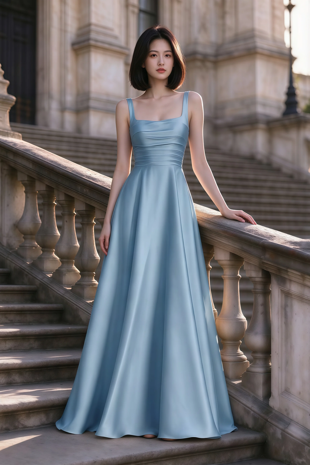 Outdoor front view of Becky steel blue satin maxi dress on stone steps with a floor-length A-line skirt