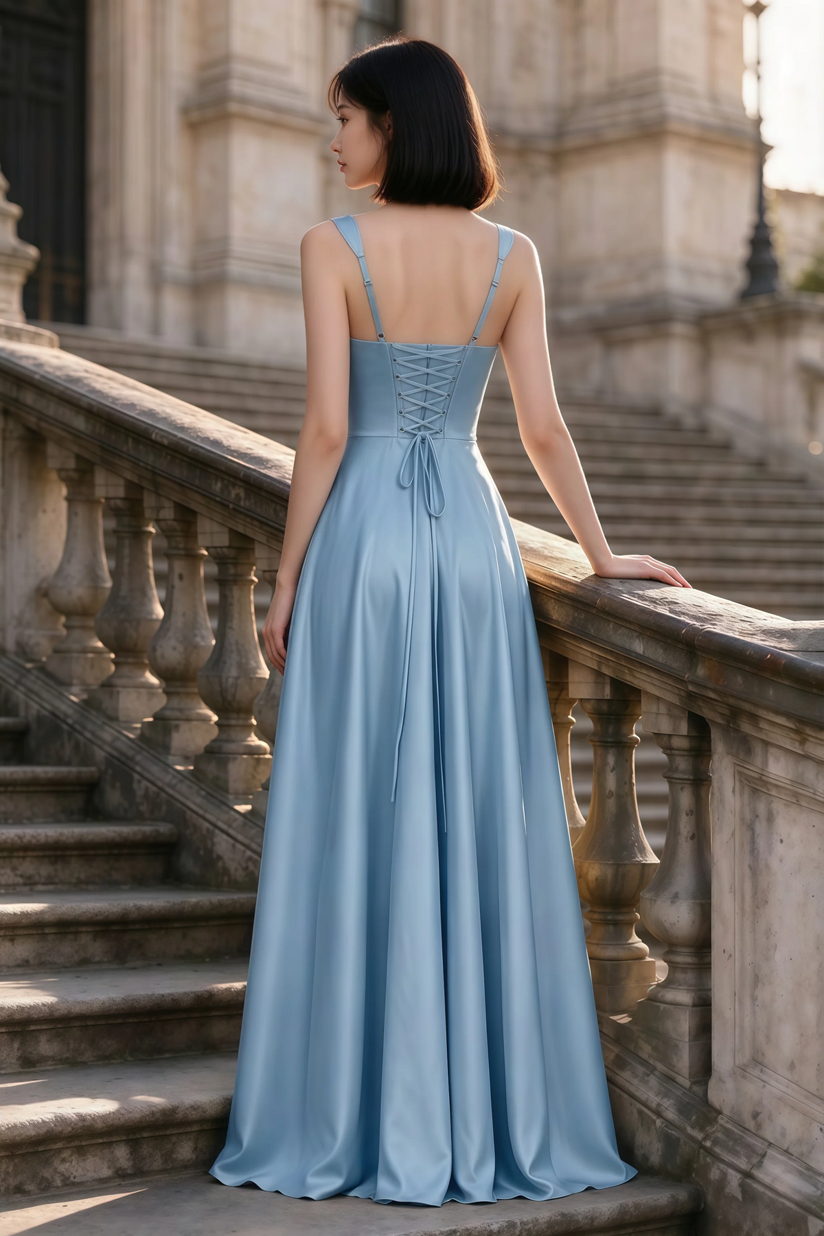Outdoor rear view of Becky steel blue satin maxi dress showing adjustable straps and the lace-up back