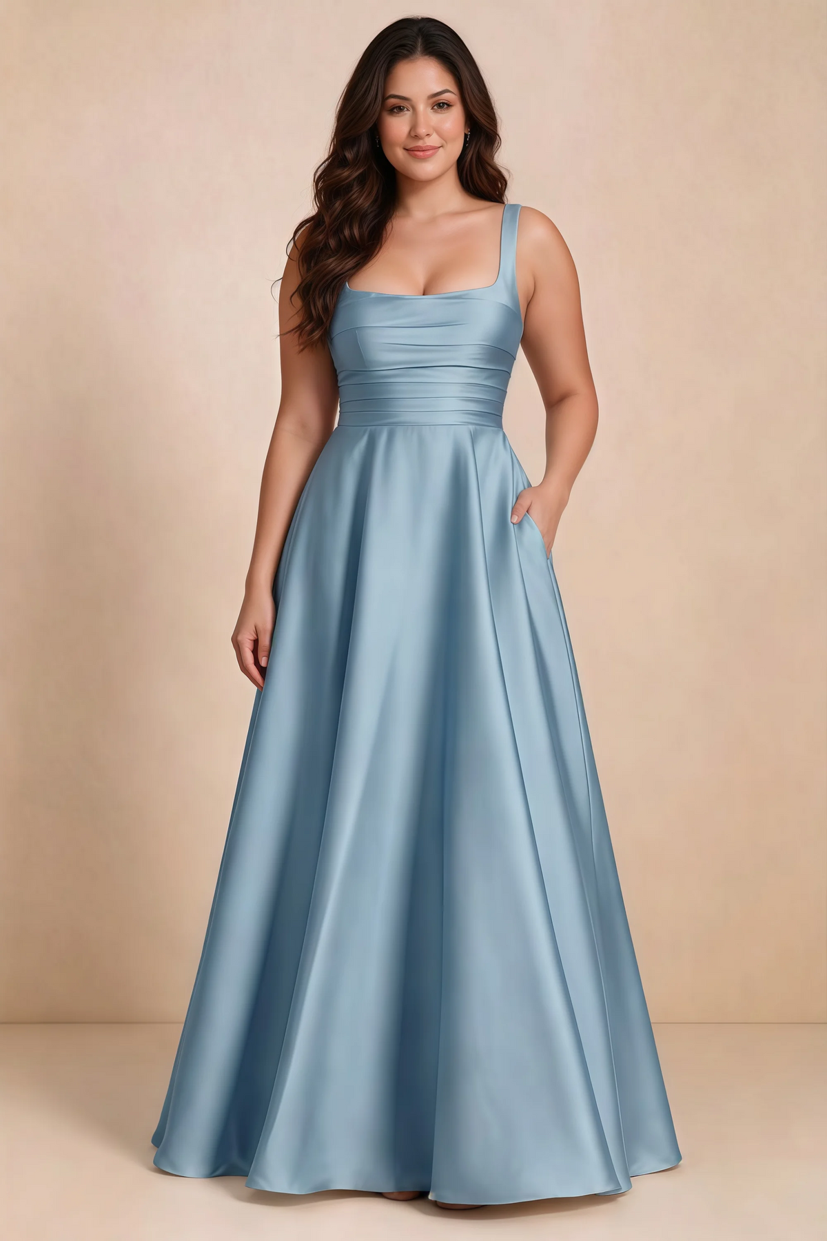 Front studio view of Becky steel blue satin maxi dress showing the defined waist and flowing skirt