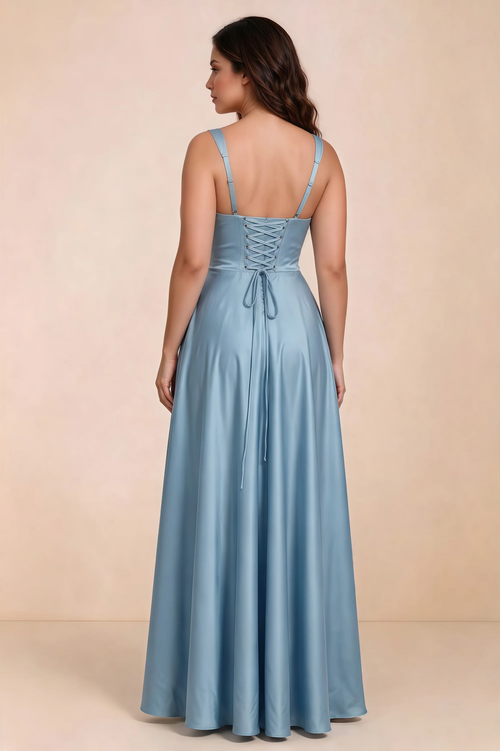 Rear studio view of Becky steel blue satin maxi dress showing crossed back lacing above the full skirt