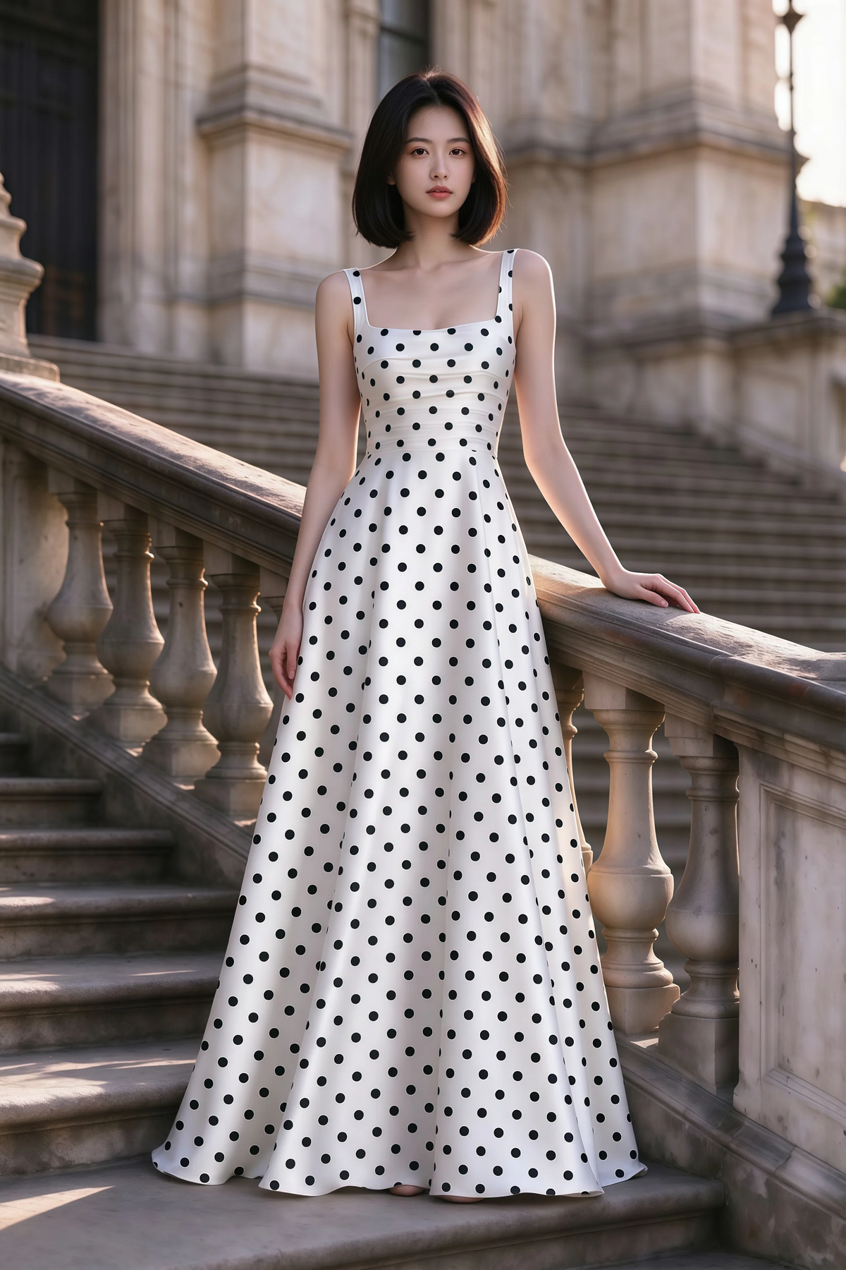 Outdoor front view of Becky white polka dot satin maxi dress on stone steps with a floor-length A-line skirt