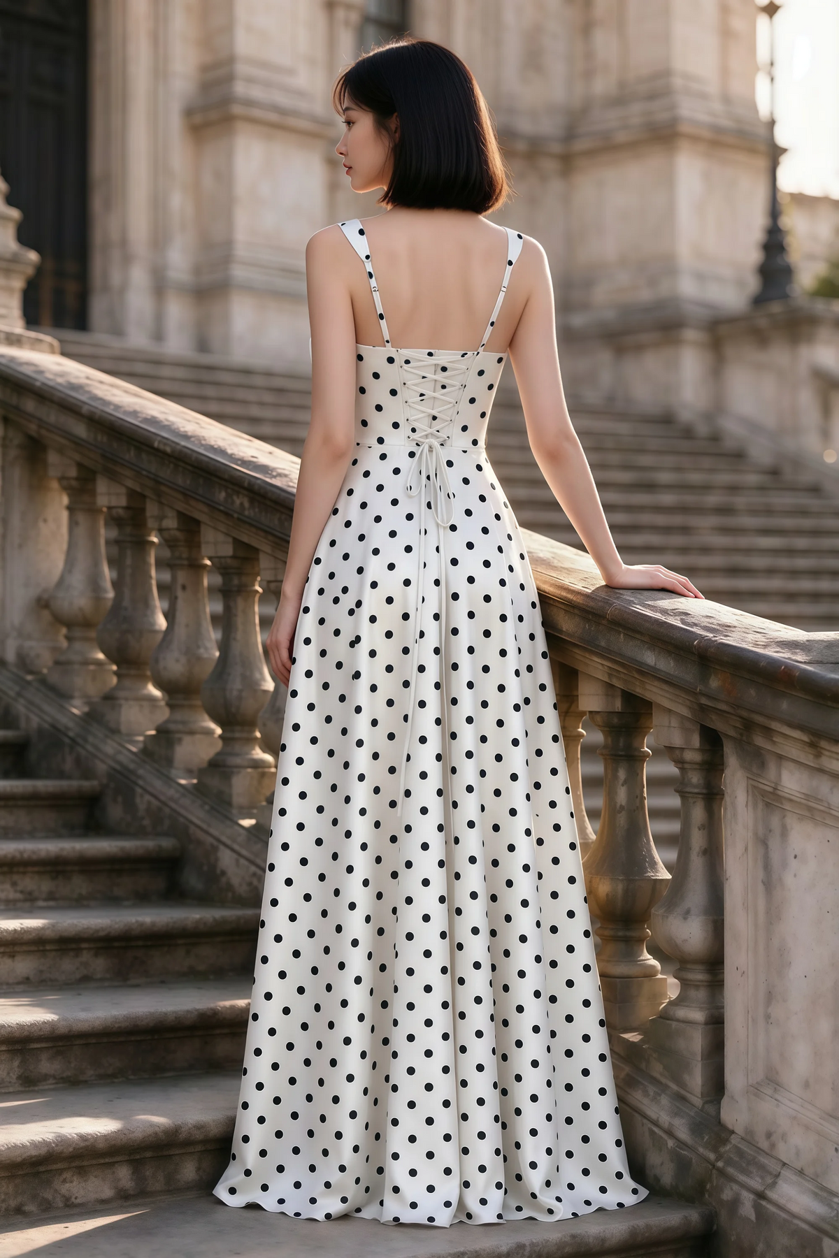 Outdoor rear view of Becky white polka dot satin maxi dress showing adjustable straps and the lace-up back