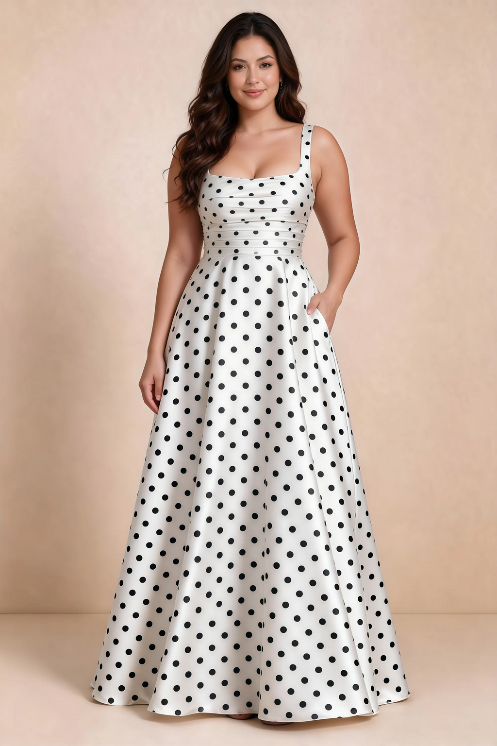 Front studio view of Becky white polka dot satin maxi dress showing the defined waist and flowing skirt
