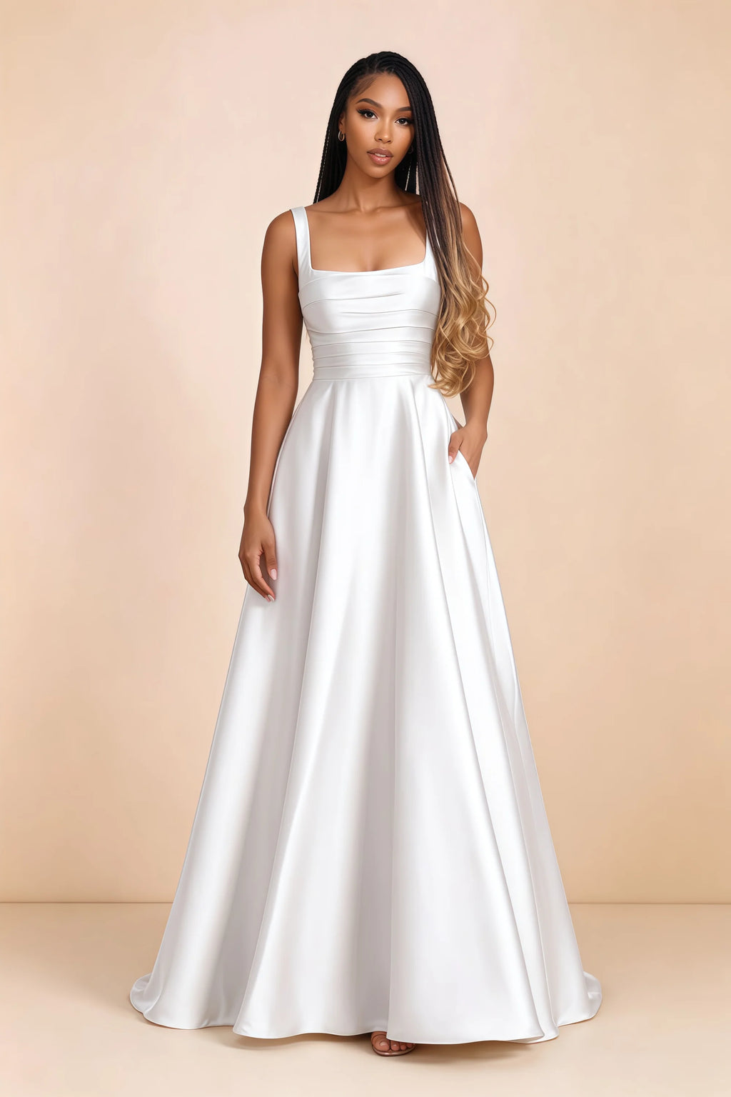Front studio view of Becky white satin maxi dress showing the square neckline, pleated bodice and full A-line skirt