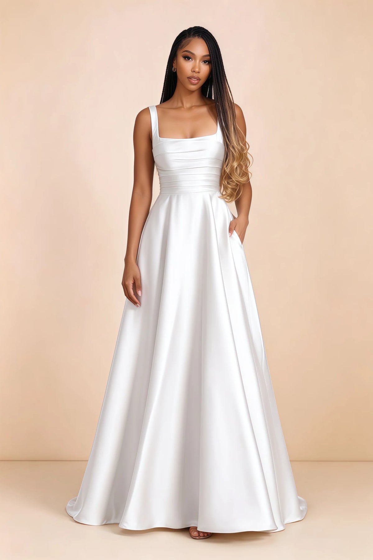 Front studio view of Becky white satin maxi dress showing the square neckline, pleated bodice and full A-line skirt