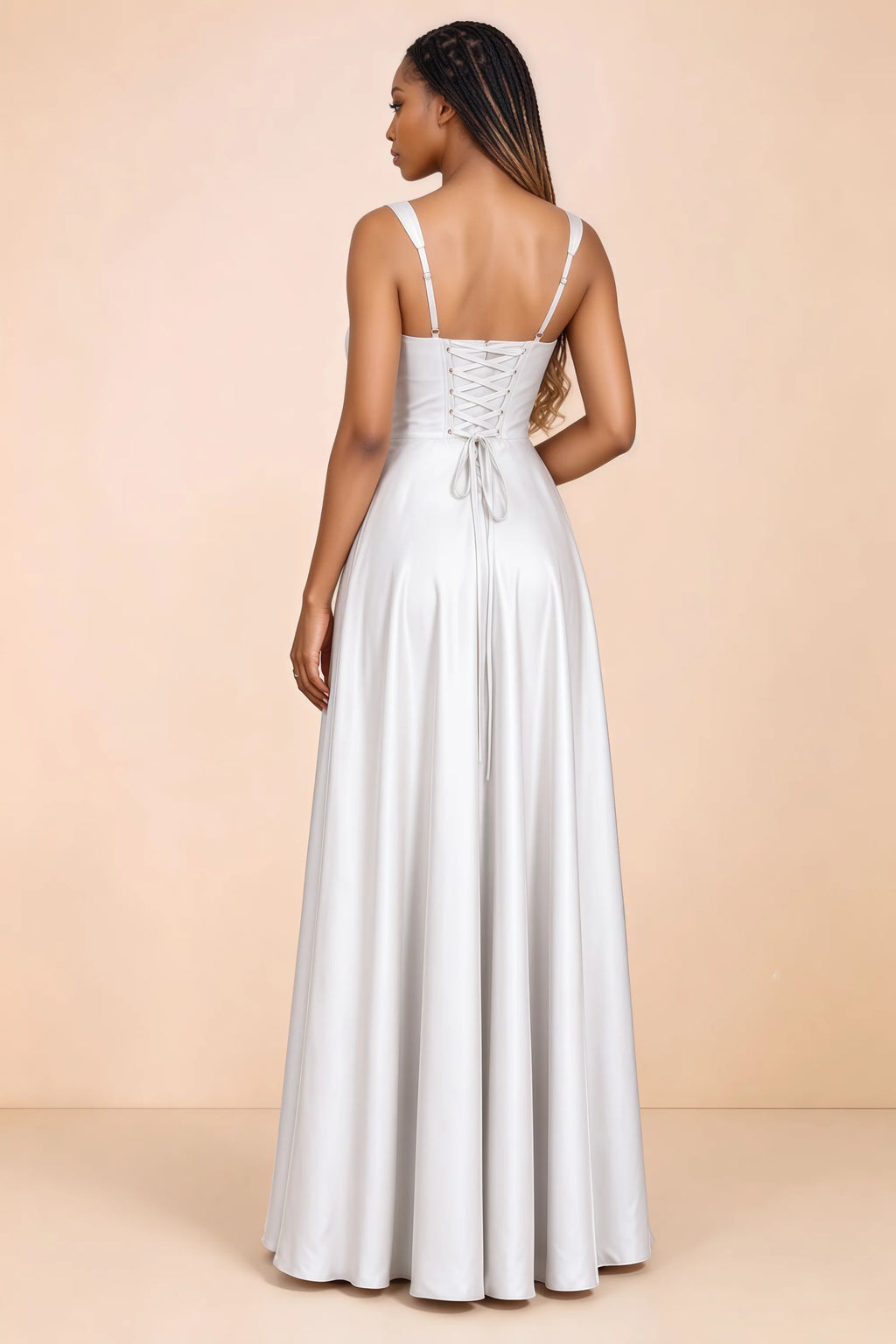 Back studio view of Becky white satin maxi dress showing shoulder straps and waist-length lacing