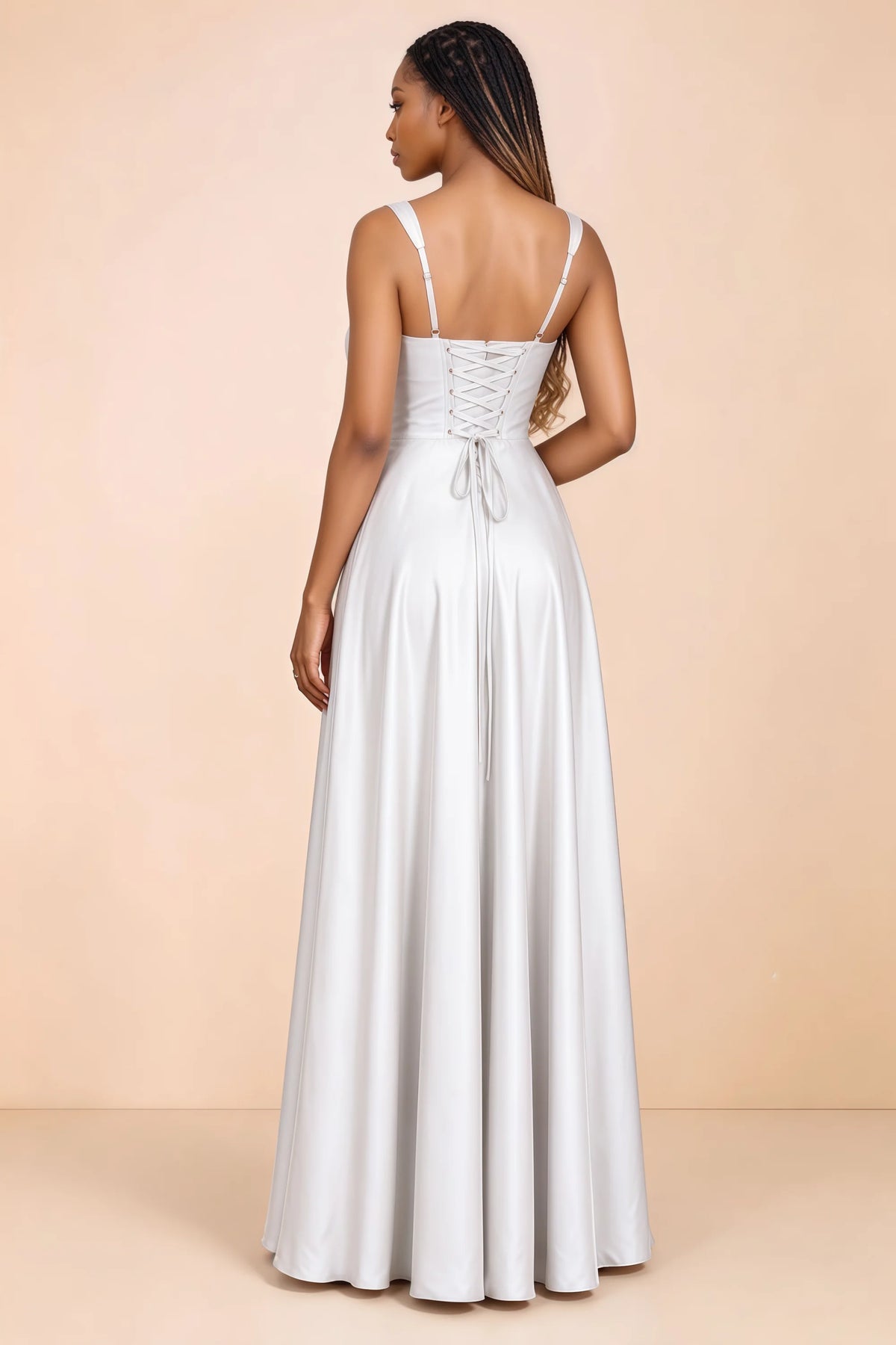 Back studio view of Becky white satin maxi dress showing shoulder straps and waist-length lacing