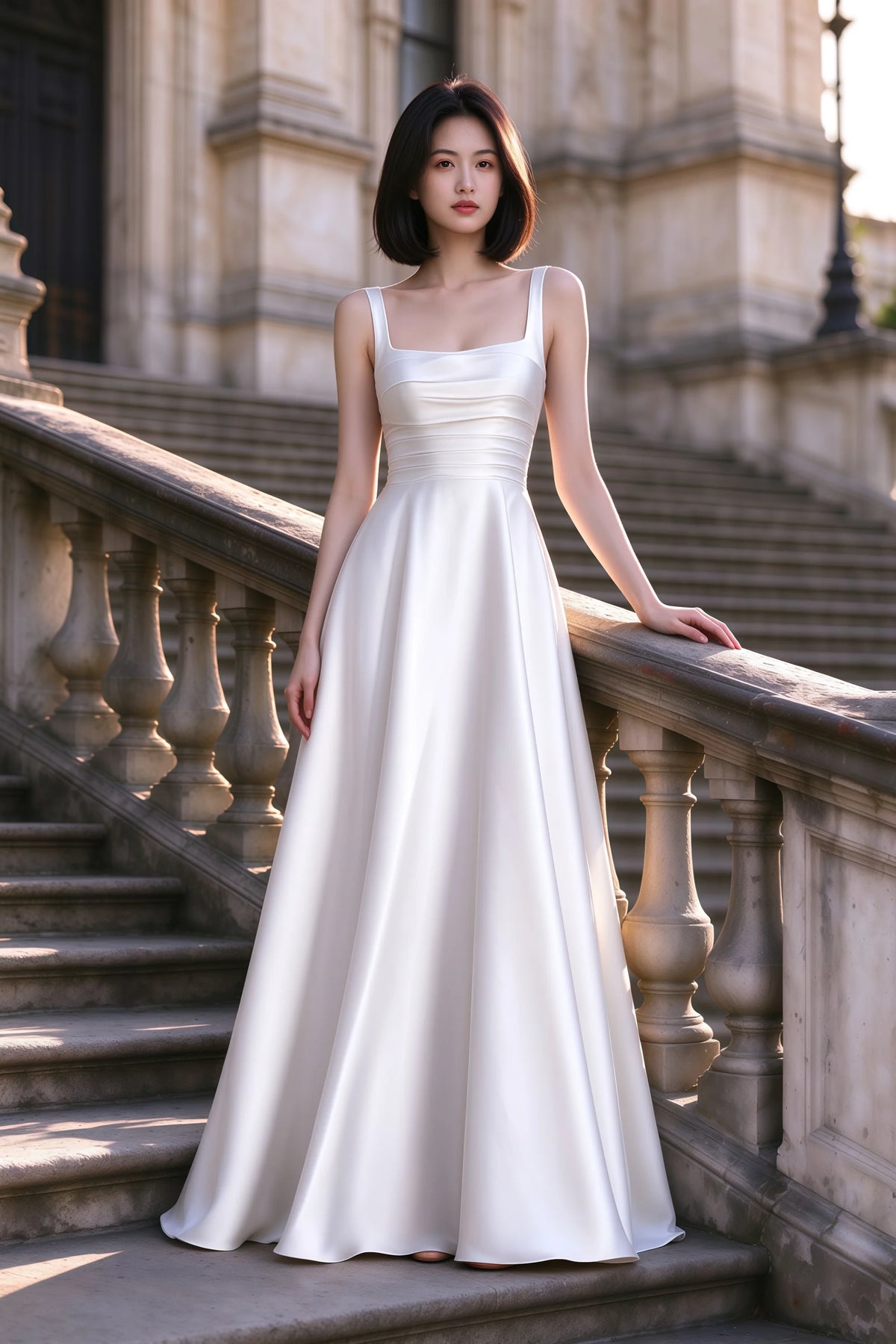 Outdoor front view of Becky white satin maxi dress on stone steps with a floor-length A-line skirt