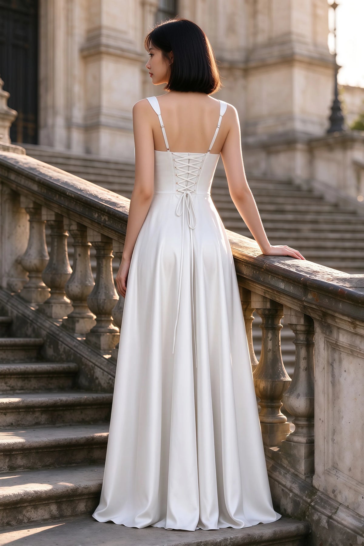 Outdoor rear view of Becky white satin maxi dress showing adjustable straps and the lace-up back