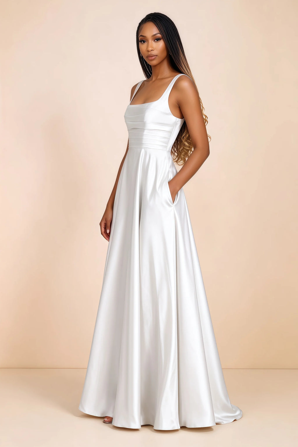 Three-quarter studio view of Becky white satin maxi dress with a hand resting in the side pocket