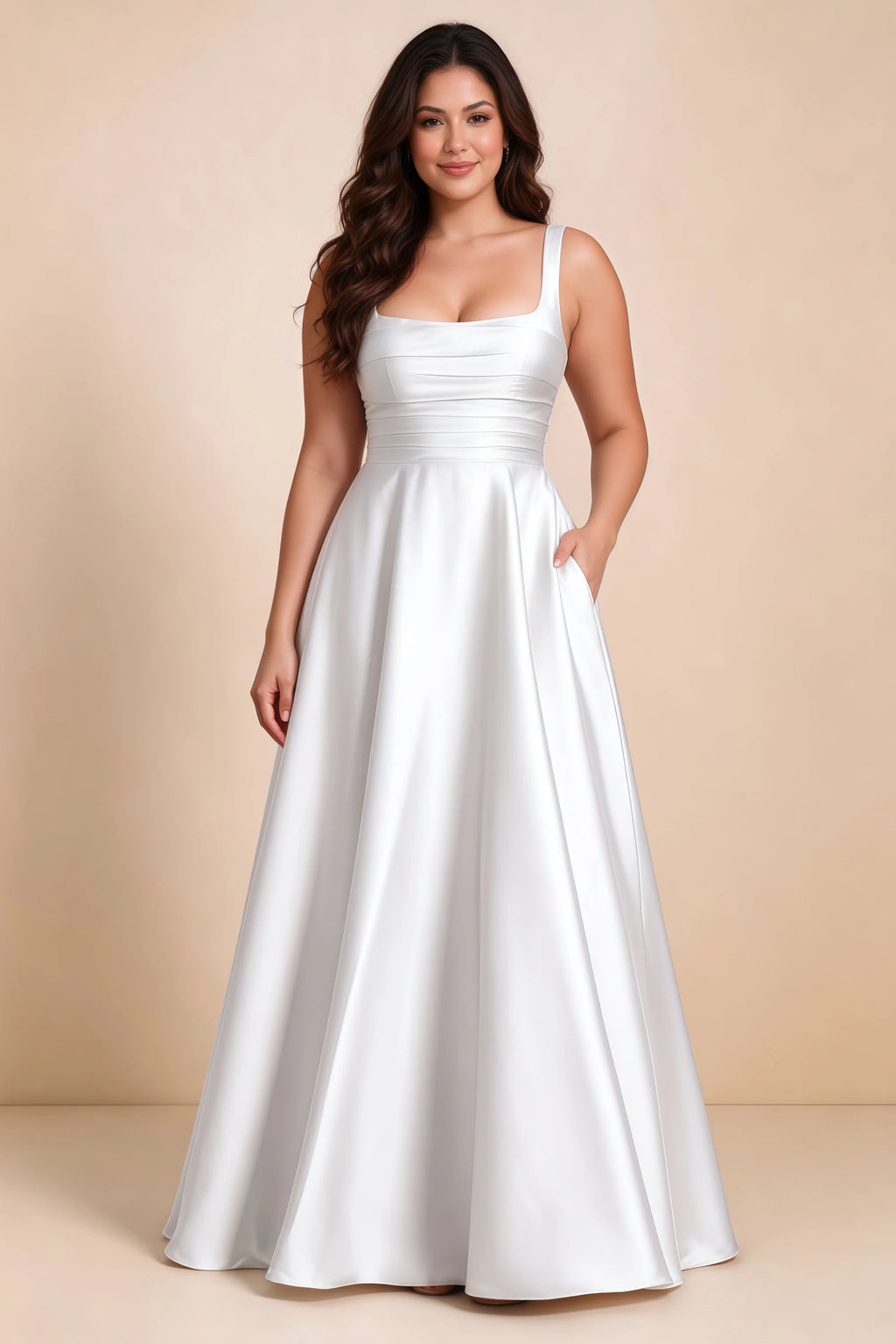 Front studio view of Becky white satin maxi dress showing the defined waist and flowing skirt