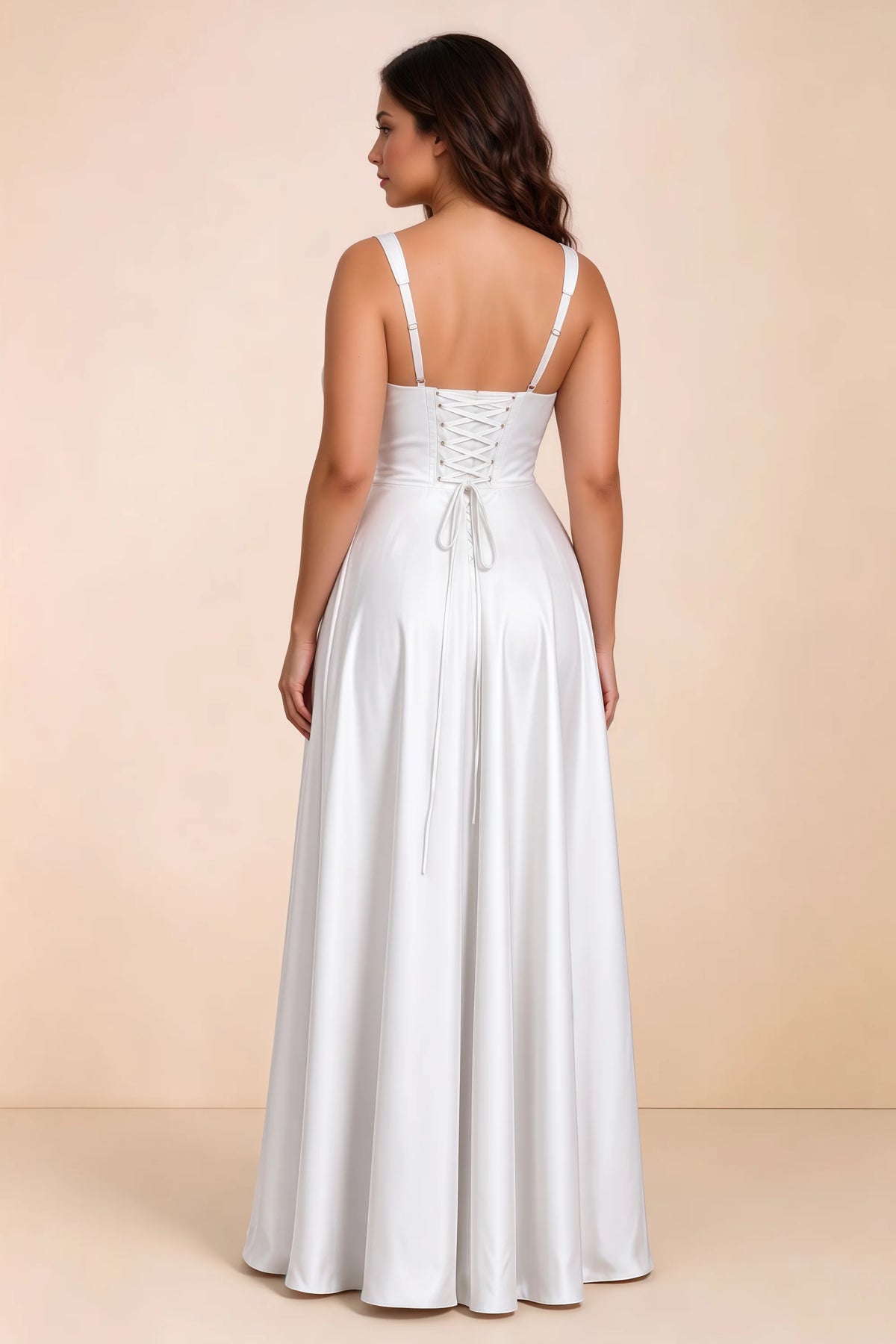 Rear studio view of Becky white satin maxi dress showing crossed back lacing above the full skirt