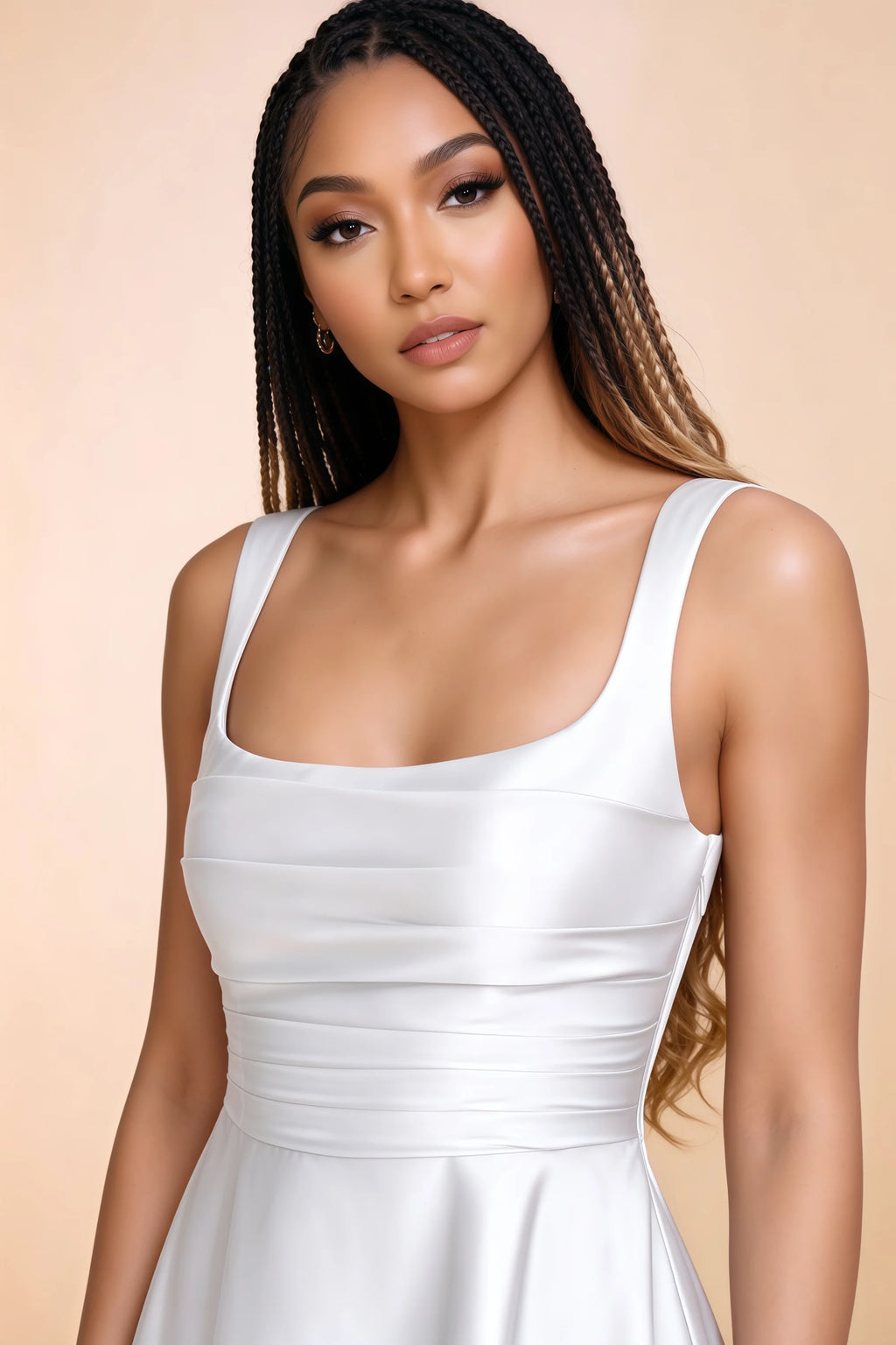 Close-up of Becky white square neckline, shoulder straps and horizontal bodice pleats