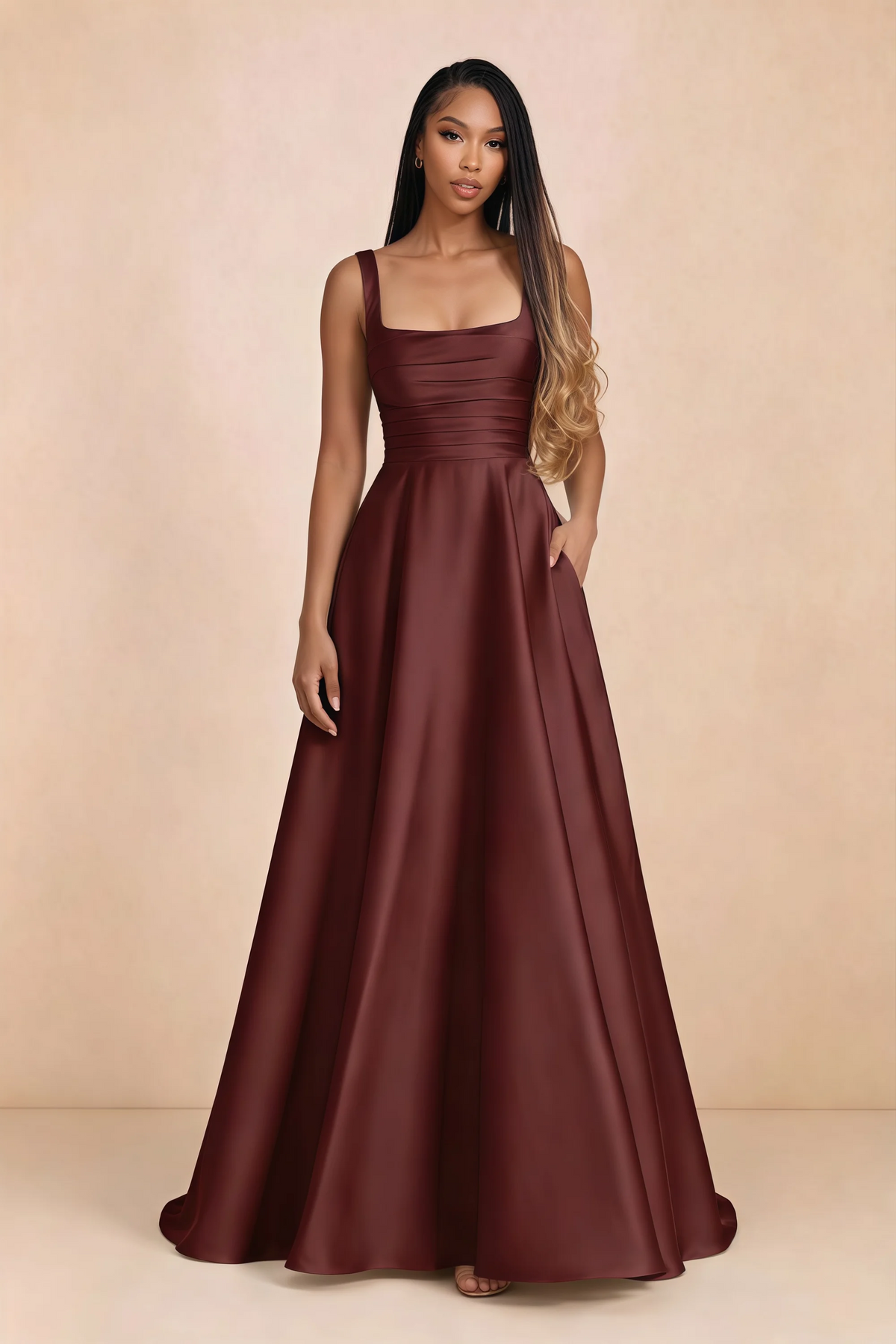 Front studio view of Becky wine satin maxi dress showing the square neckline, pleated bodice and full A-line skirt