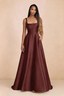 Front studio view of Becky wine satin maxi dress showing the square neckline, pleated bodice and full A-line skirt