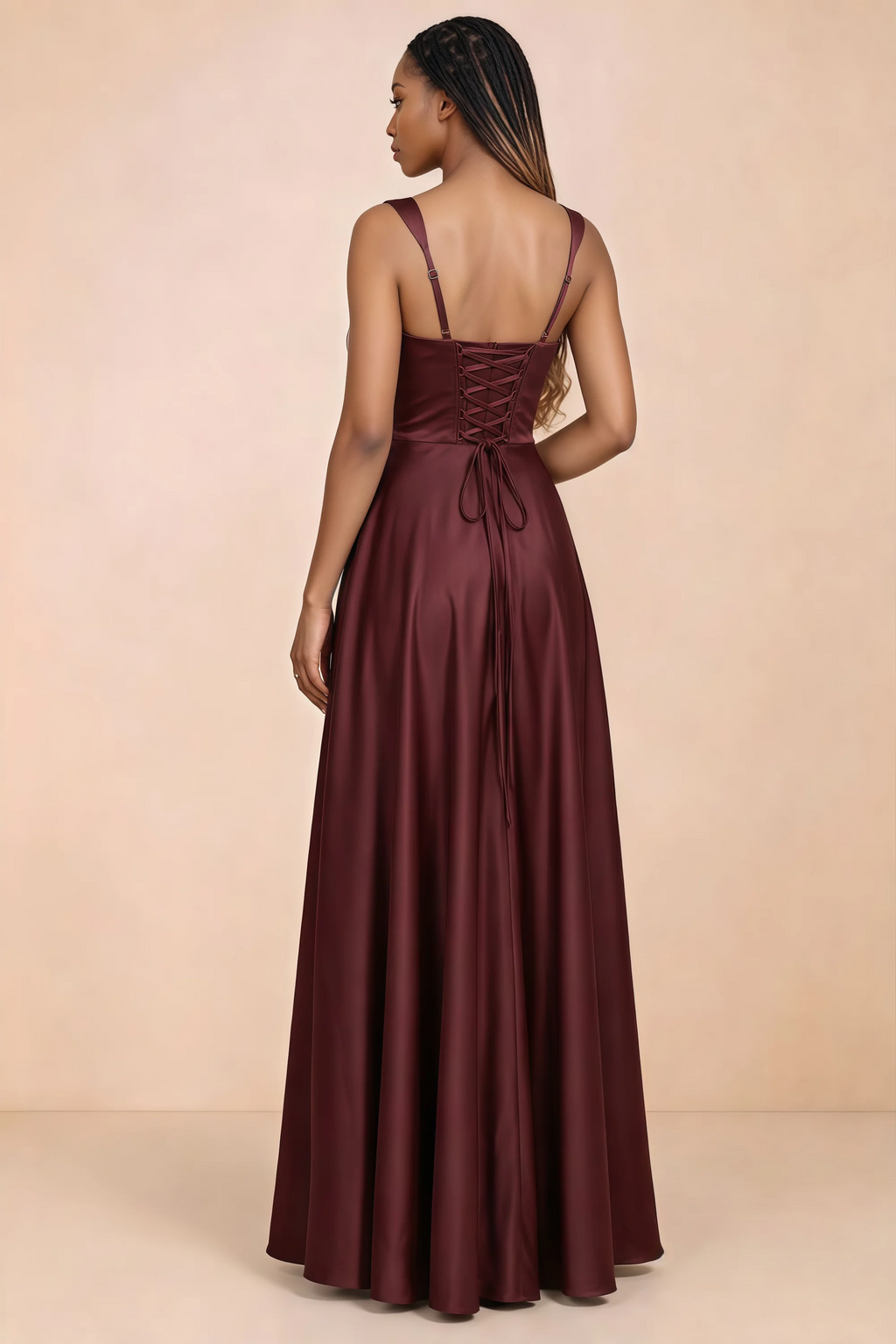 Back studio view of Becky wine satin maxi dress showing shoulder straps and waist-length lacing