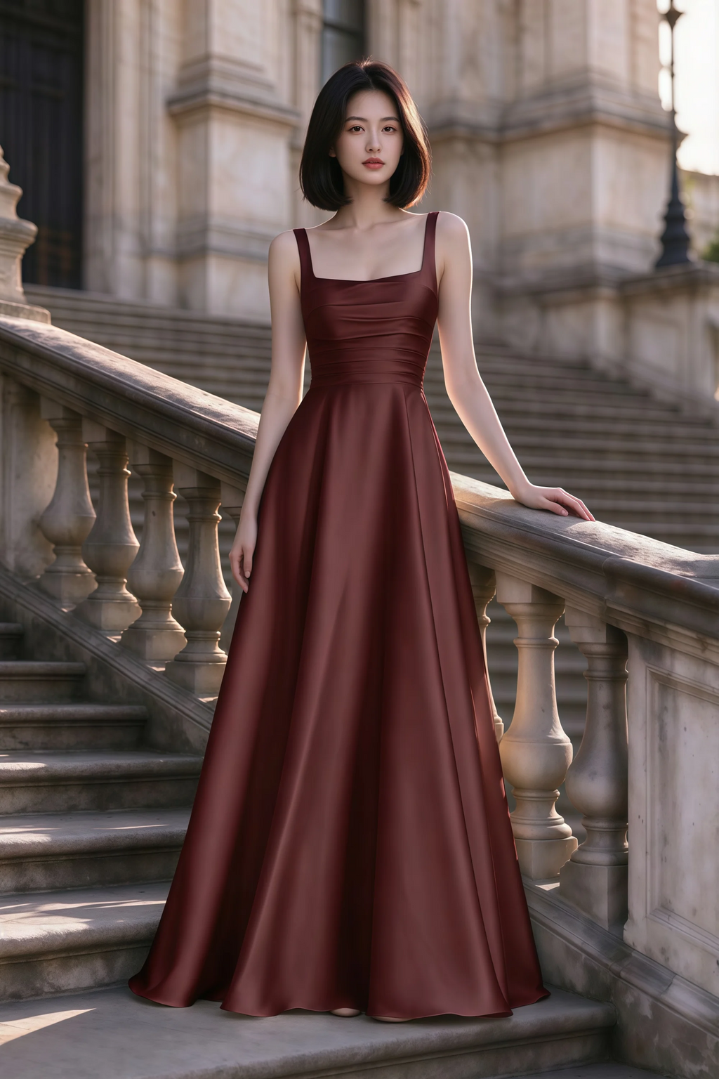 Outdoor front view of Becky wine satin maxi dress on stone steps with a floor-length A-line skirt