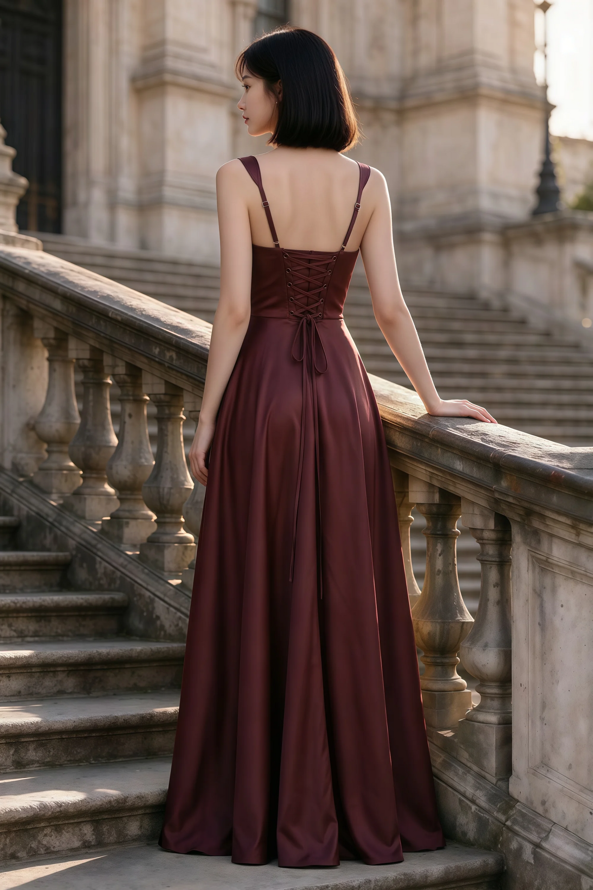 Outdoor rear view of Becky wine satin maxi dress showing adjustable straps and the lace-up back