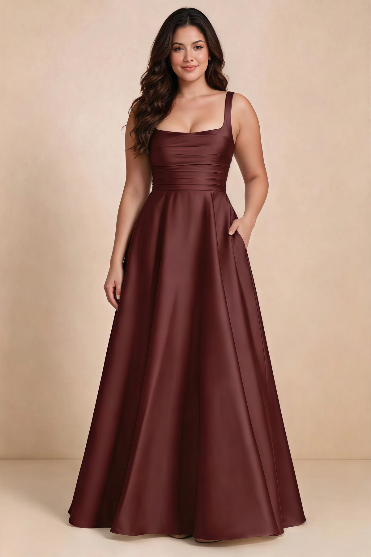 Front studio view of Becky wine satin maxi dress showing the defined waist and flowing skirt