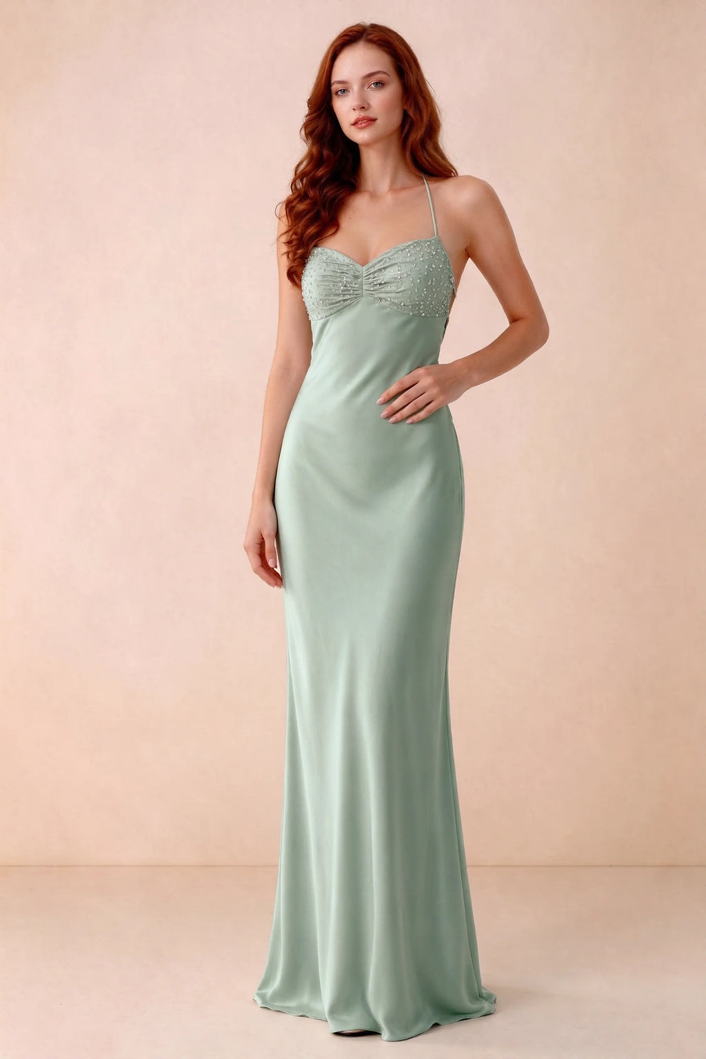 Front studio view of Blanche agave satin beaded maxi dress showing the sweetheart bodice and mermaid skirt