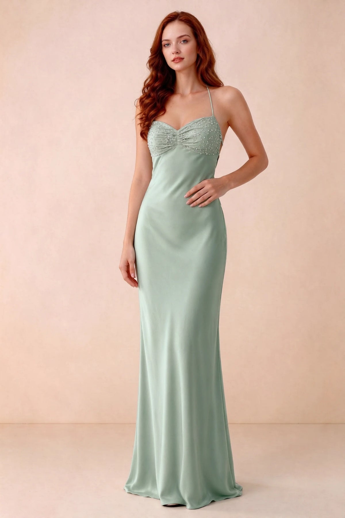 Front studio view of Blanche agave satin beaded maxi dress showing the sweetheart bodice and mermaid skirt
