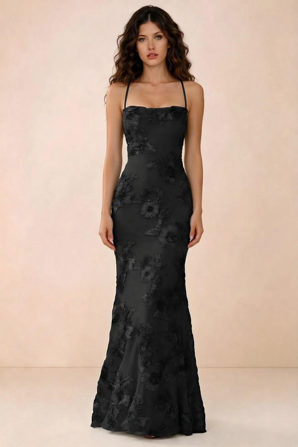Front studio view of Belinda black 3D flower mermaid maxi dress with a straight neckline and thin straps