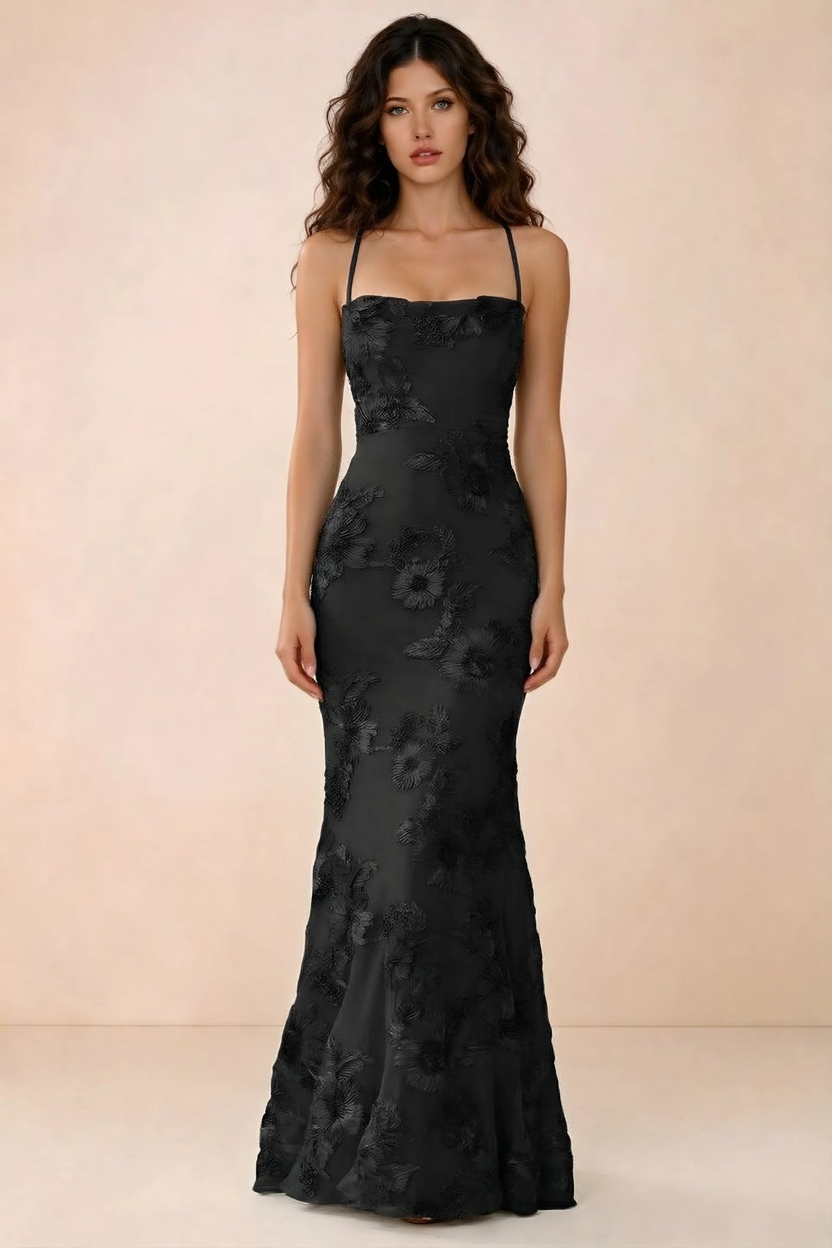 Front studio view of Belinda black 3D flower mermaid maxi dress with a straight neckline and thin straps