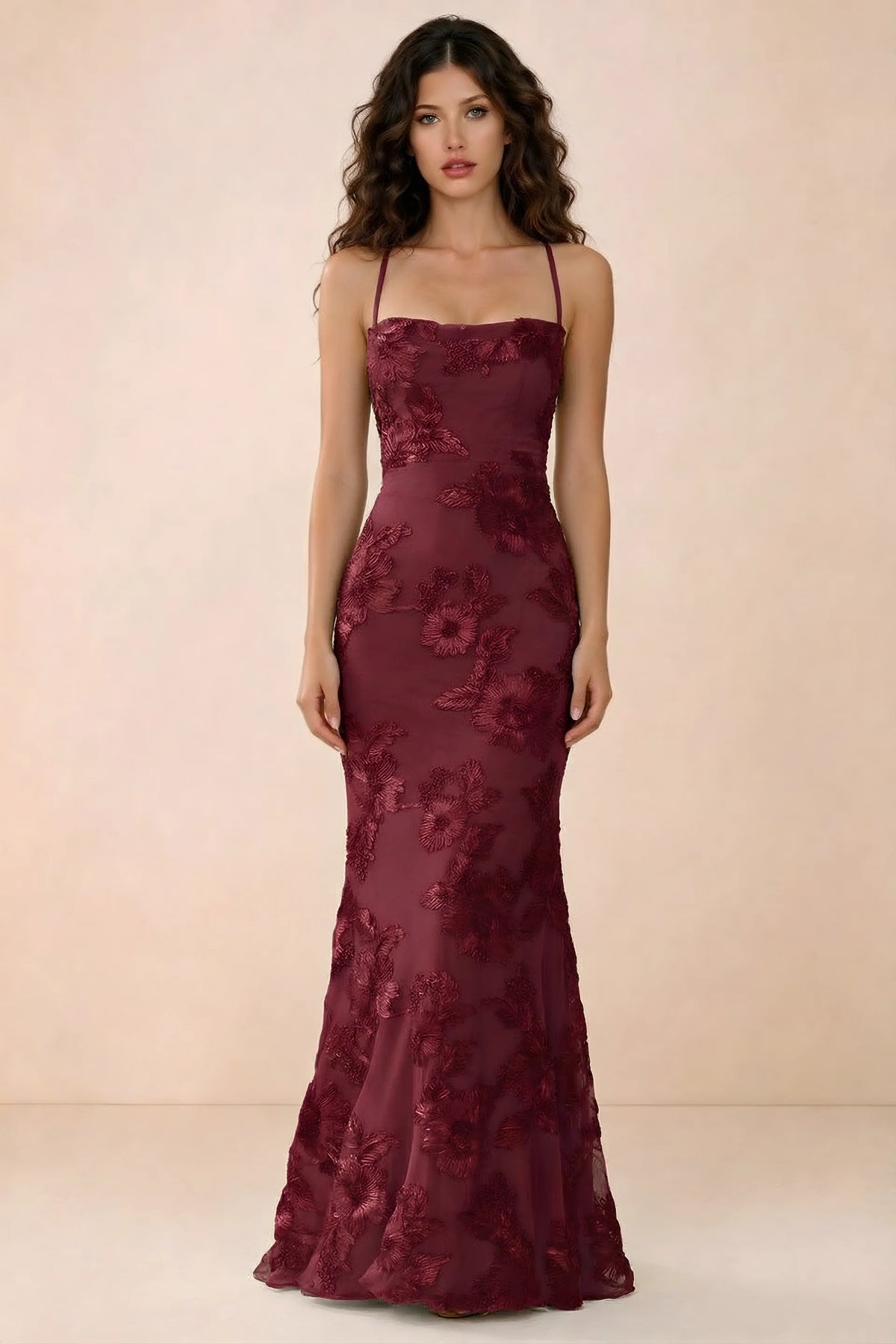 Front studio view of Belinda burgundy 3D flower mermaid maxi dress with a straight neckline and thin straps