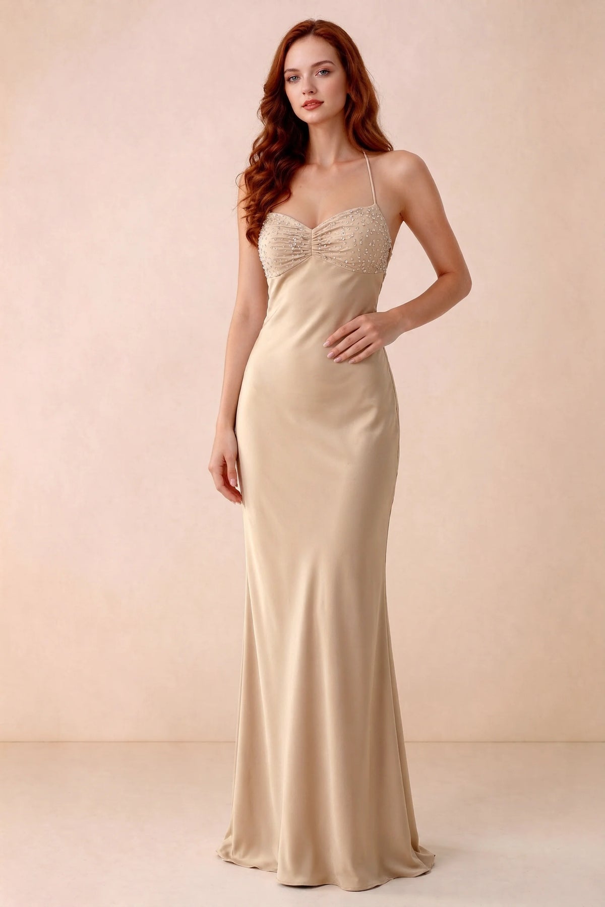 Front studio view of Blanche champagne satin beaded maxi dress showing the sweetheart bodice and mermaid skirt