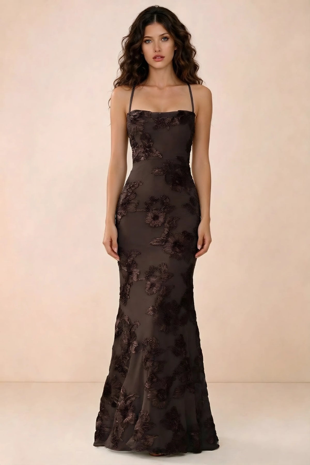 Front studio view of Belinda chocolate 3D flower mermaid maxi dress with a straight neckline and thin straps