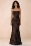 Front studio view of Belinda chocolate 3D flower mermaid maxi dress with a straight neckline and thin straps