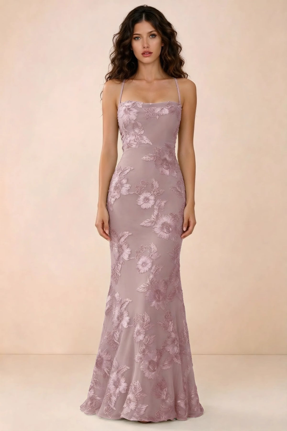 Front studio view of Belinda dusty lilac 3D flower mermaid maxi dress with a straight neckline and thin straps