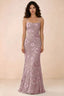 Front studio view of Belinda dusty lilac 3D flower mermaid maxi dress with a straight neckline and thin straps