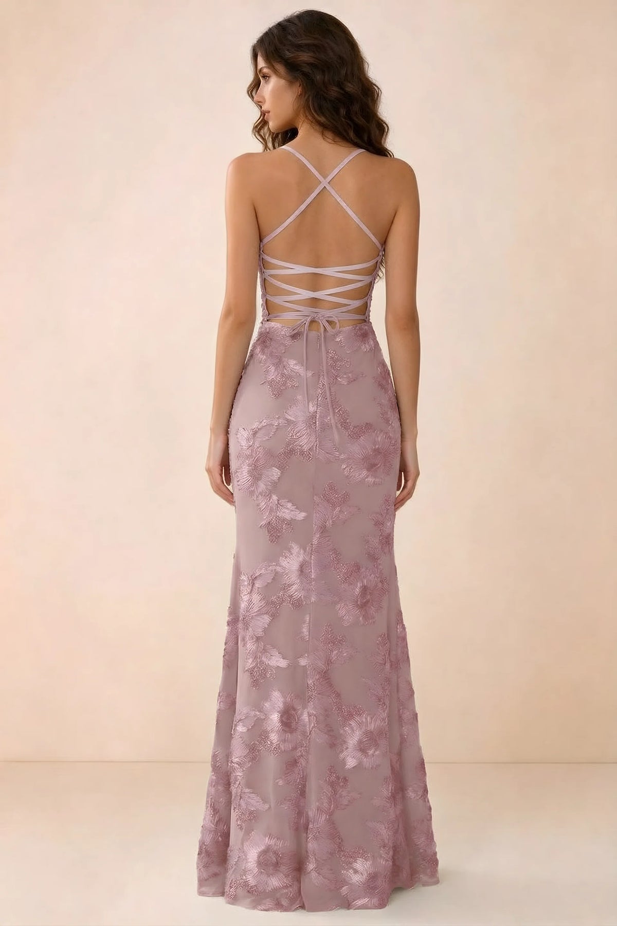 Back studio view of Belinda dusty lilac maxi dress showing crossed straps and open-back ties