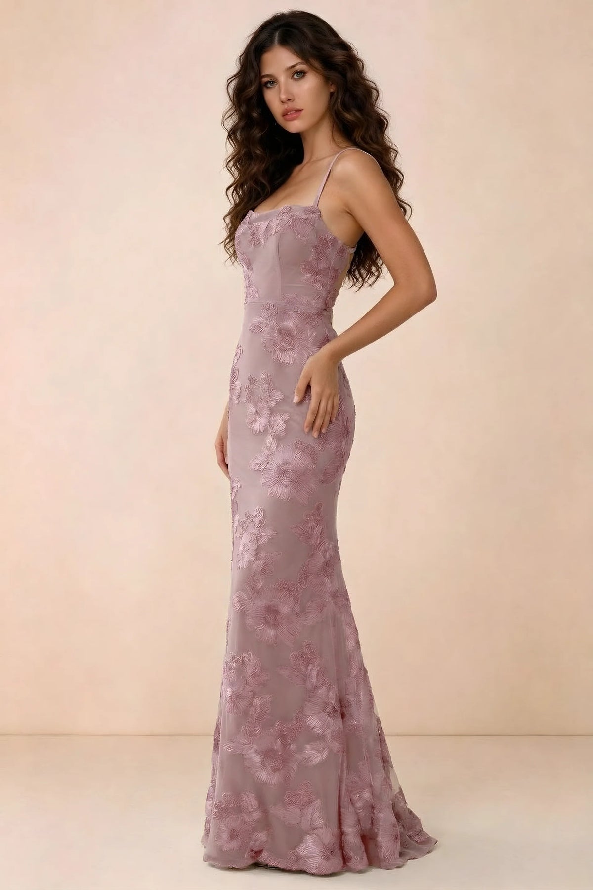 Three-quarter studio view of Belinda dusty lilac dress showing the fitted waist and flared mermaid hem