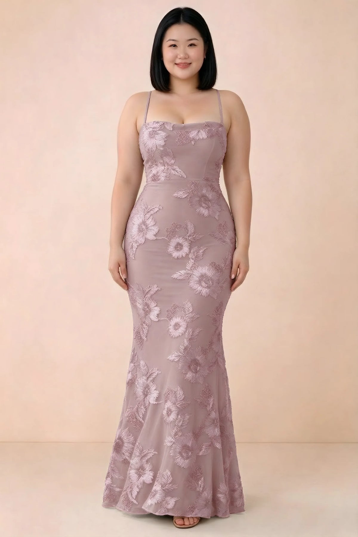 Front studio view of Belinda dusty lilac floral maxi dress showing the close-fitting bodice and long skirt
