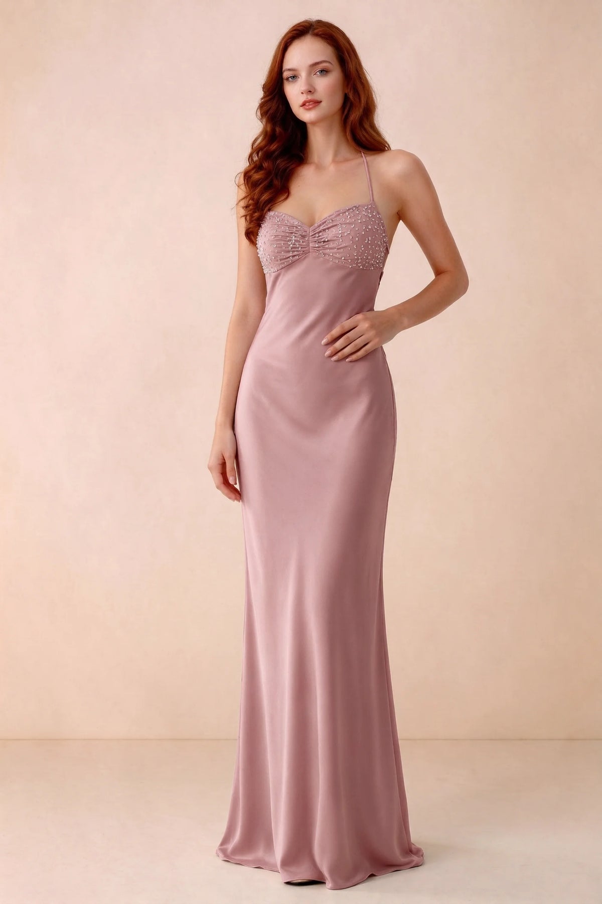 Front studio view of Blanche dusty pink satin beaded maxi dress showing the sweetheart bodice and mermaid skirt