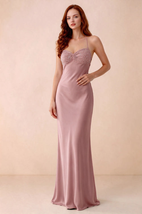 Front studio view of Blanche dusty pink satin beaded maxi dress showing the sweetheart bodice and mermaid skirt