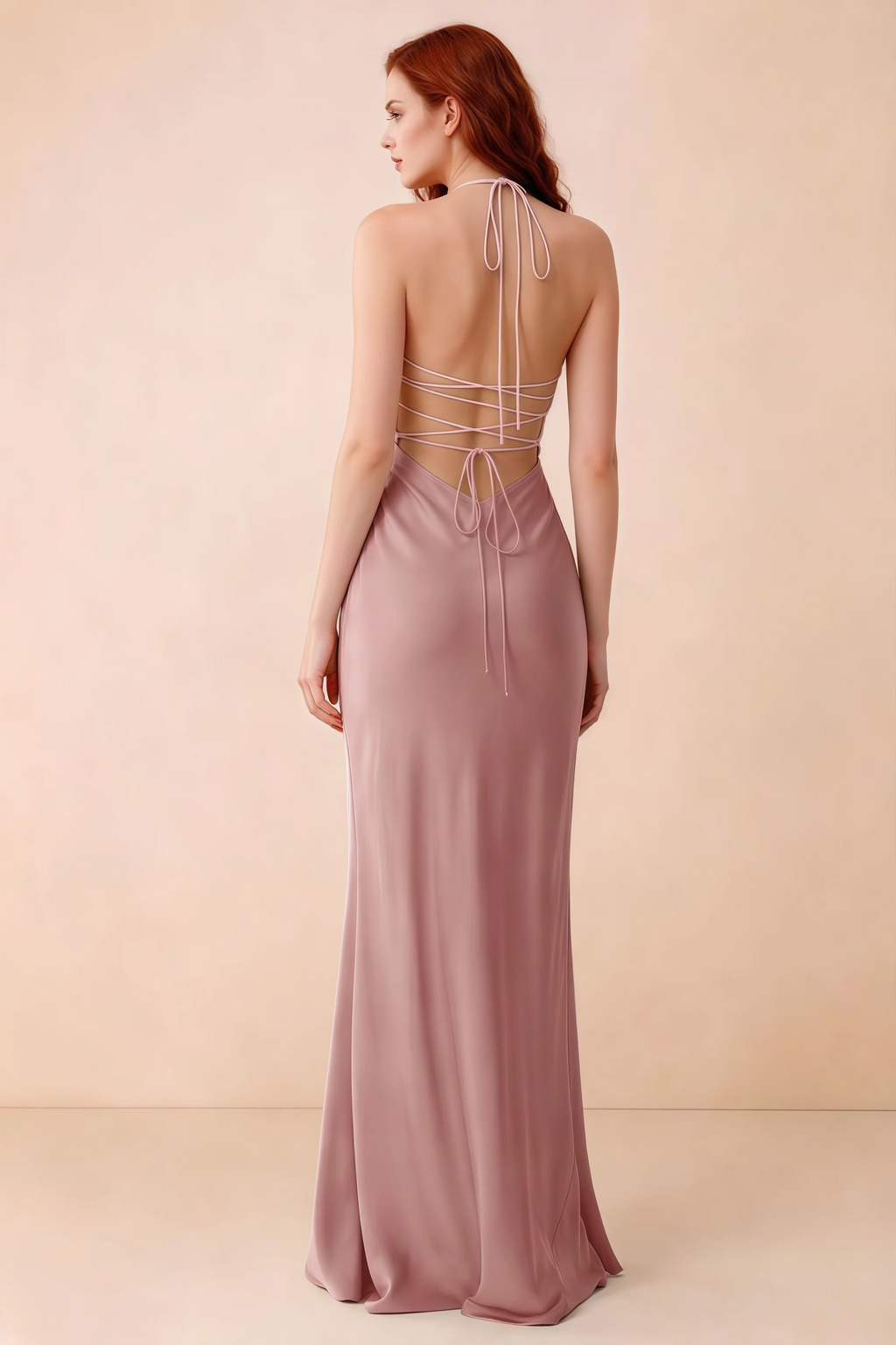 Back studio view of Blanche dusty pink dress showing halter neck ties and crossed open-back lacing