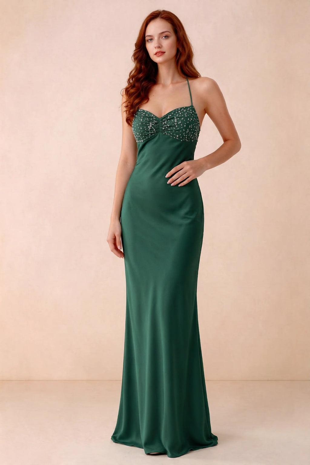 Front studio view of Blanche emerald green satin beaded maxi dress showing the sweetheart bodice and mermaid skirt