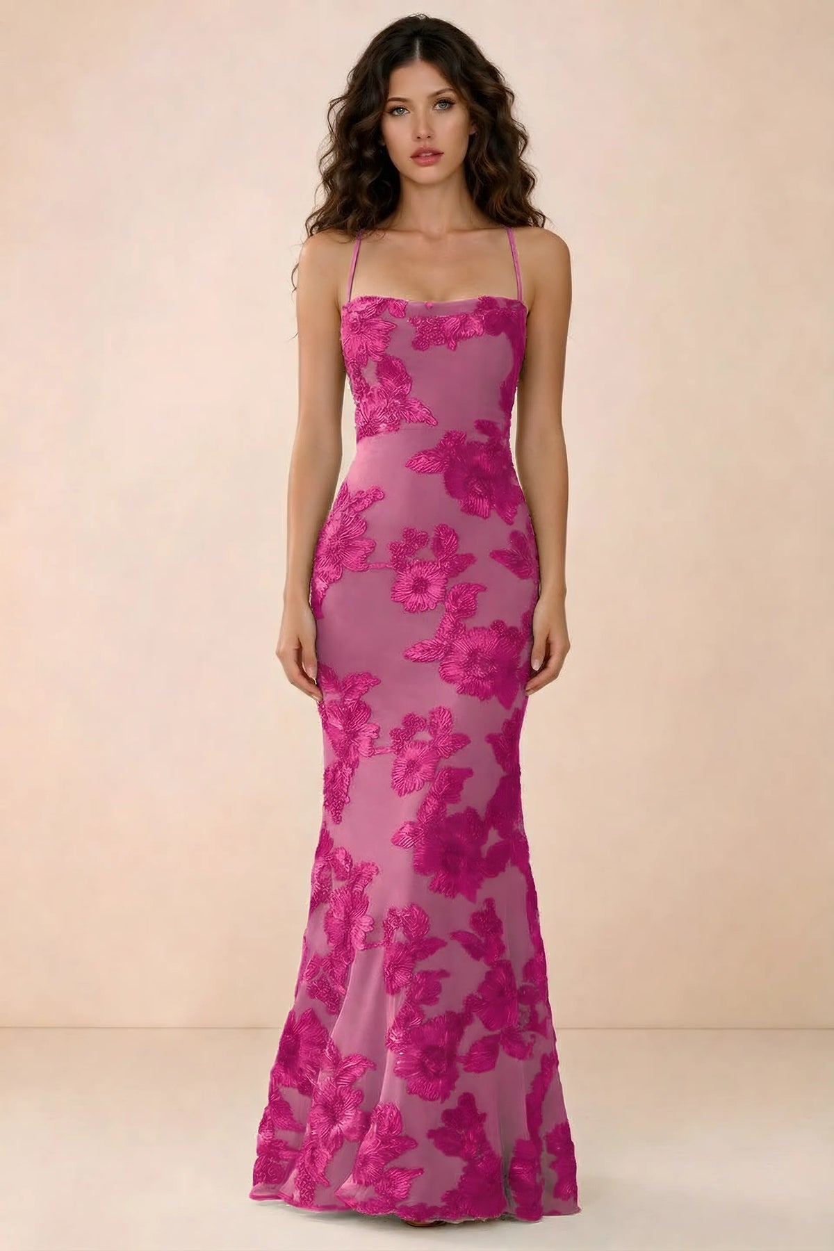 Front studio view of Belinda fuchsia 3D flower mermaid maxi dress with a straight neckline and thin straps
