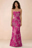 Front studio view of Belinda fuchsia 3D flower mermaid maxi dress with a straight neckline and thin straps