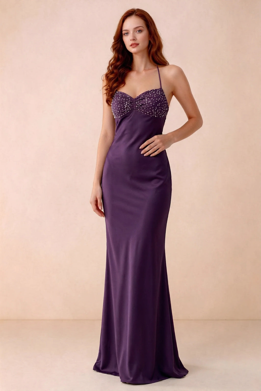Front studio view of Blanche grape satin beaded maxi dress showing the sweetheart bodice and mermaid skirt