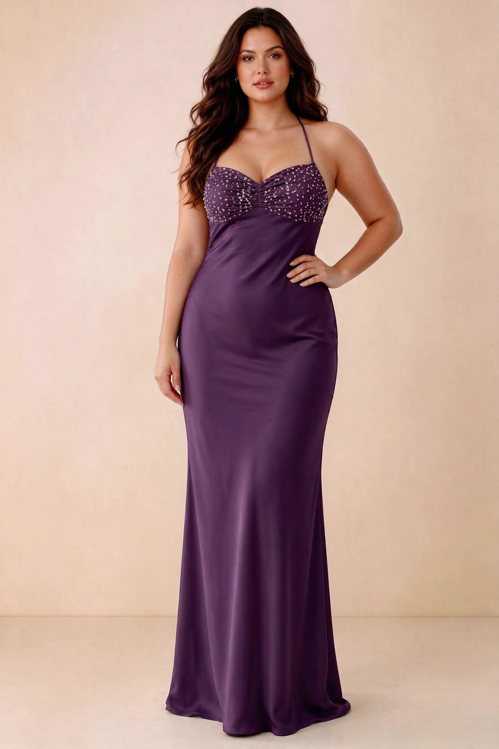 Front studio view of Blanche grape maxi dress showing the ruched beaded bodice and smooth skirt
