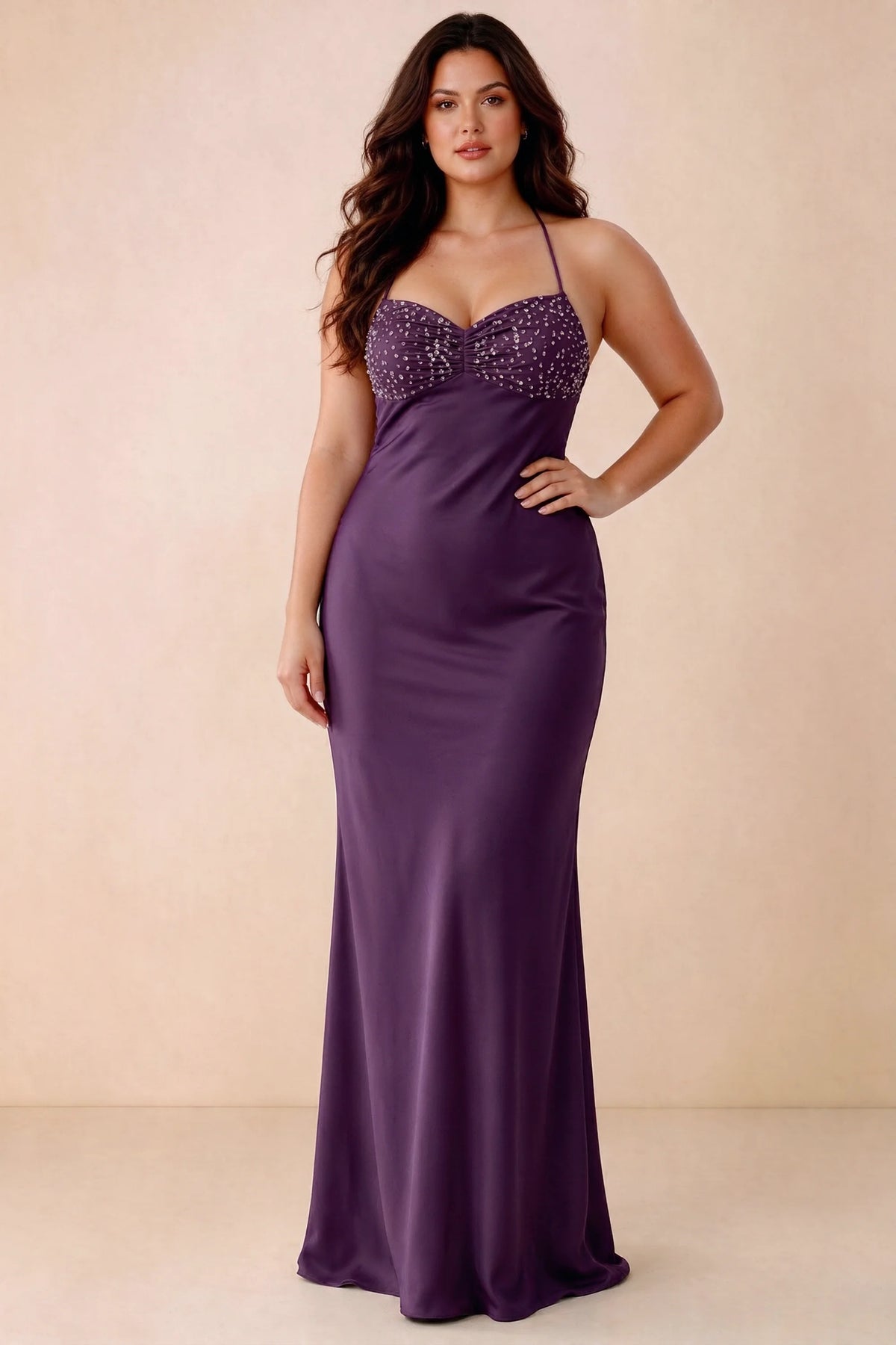 Front studio view of Blanche grape maxi dress showing the ruched beaded bodice and smooth skirt