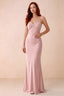 Front studio view of Blanche haze pink satin beaded maxi dress showing the sweetheart bodice and mermaid skirt